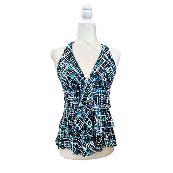 Caribbean Joes Women’s Ruffle Front Halter Tankini Swim Blue-Multi Size 10 - Picture 1 of 8